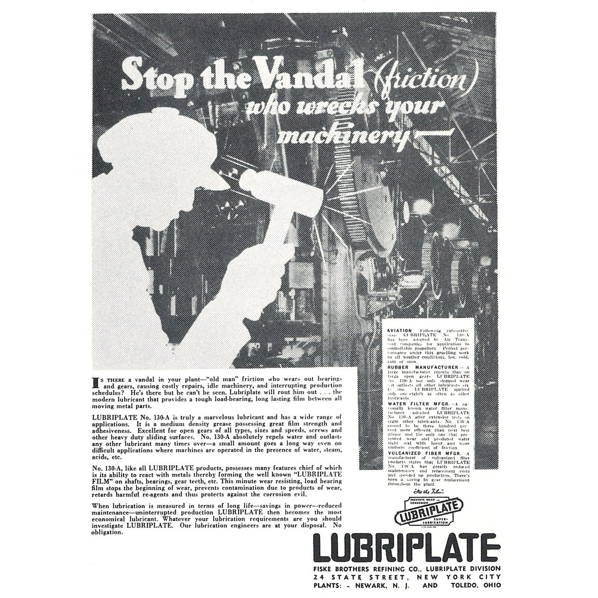 LubriplateLubes's tweet photo. "Stop the Vandal" - #ThrowbackThursday
In this ad from 1935, the force of friction is personified as an old man who would impede machinery and halt production. We're proud to say that #Lubriplate's promise to rout out this scoundrel has persisted all these years later. https://t.co/hrVRoa7WCW