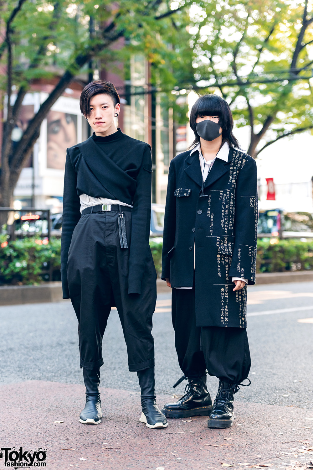 Tokyo Fashion on X Monochrome Japanese styles by Hikari wearing Rick Owens head to toe and Nopomu wearing Yohji Yamamoto Pour Homme with Dr. Martens boots on the street in Harajuku