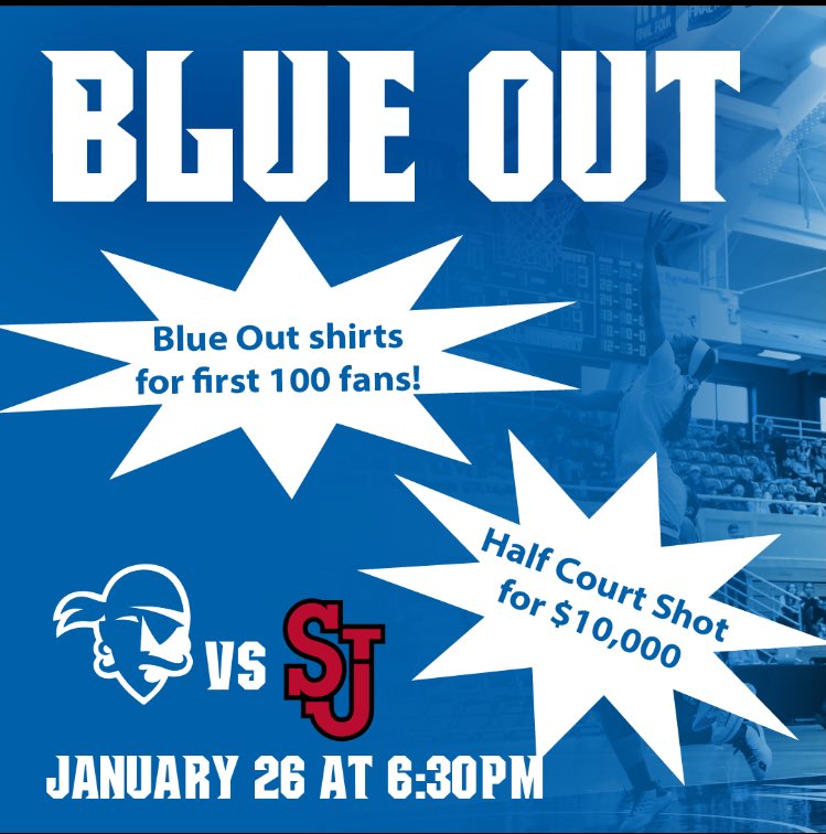 BlueBeardArmy's tweet photo. BLUE OUT this coming Sunday at The Walsh Gymnasium as the Lady Pirates take on St. John’s. Shirts will he given out and you may even have a chance to take a 10,000 dollar shot!

P.S. The last guy to attempt the shot made it!!! https://t.co/kgj2pq4CVU