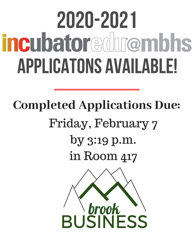 mbINCubator's tweet photo. INCubatoredu applications are available!  Due on Friday, February 7 in Room 417. @mtnbrookhs #spartanbiz

Application link: https://t.co/2KmyRoAY7t https://t.co/nl7w3Rd40N