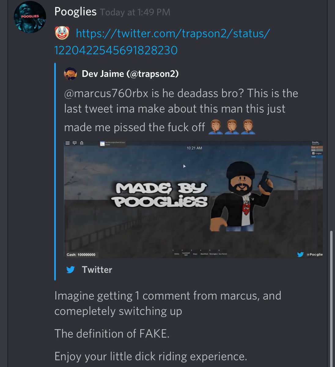 trapson2's tweet photo. I’m not going to make a vid about this cause I’m not a childish fuck like this nigga pooglies but here ya go dumb nigga said I dick ride and said I was acting hard cause I got a comment from @marcus760rbx ,but let’s not forget why pooglies is the dick rider here! https://t.co/RiWmrJaS6d