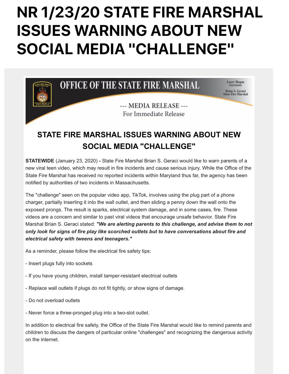RamirezReports's tweet photo. 🚨 No reports from MD yet, but the Maryland State Fire Marshal @bsg_mdsfm1 is still warning parents about a “challenge” on TikTok that involves sliding a penny down a wall onto exposed prongs of a phone charger. Agency says they were notified of 2 incidents in Mass. https://t.co/FEDWVPWozm