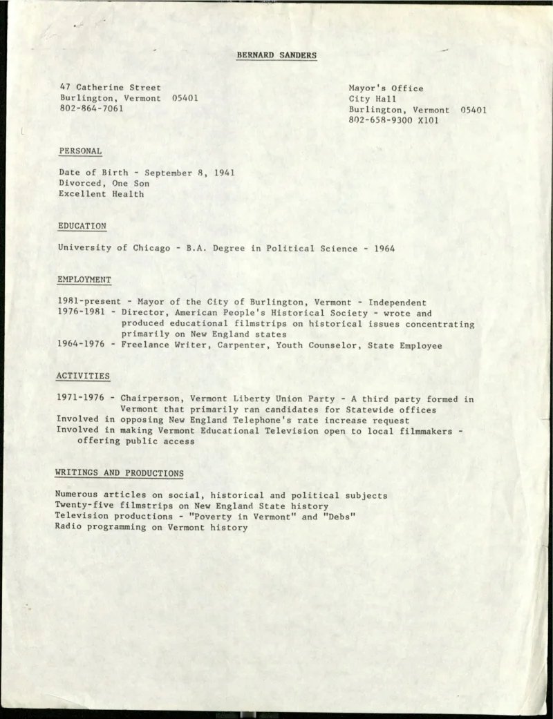 Resume of Bernie Sanders from 1980s