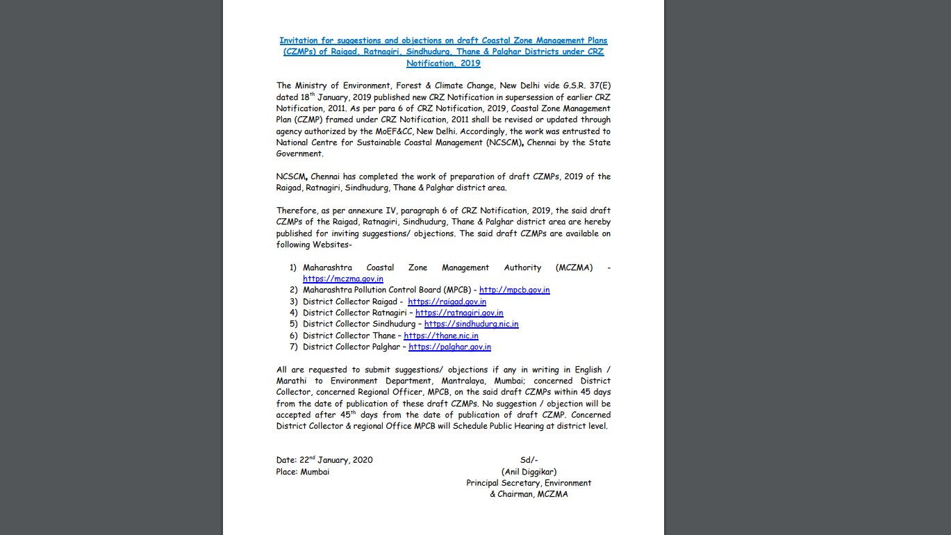 Crz Map Of Mumbai Chandrashekhar Dhage On Twitter: "Mczma Preparing New Maps For Crz As  Follow, Invitation For Suggestions And Objections On Draft Coastal Zone  Management Plans (Czmps) Of Raigad, Ratnagiri, Sindhudurg, Thane & Palghar  Districts