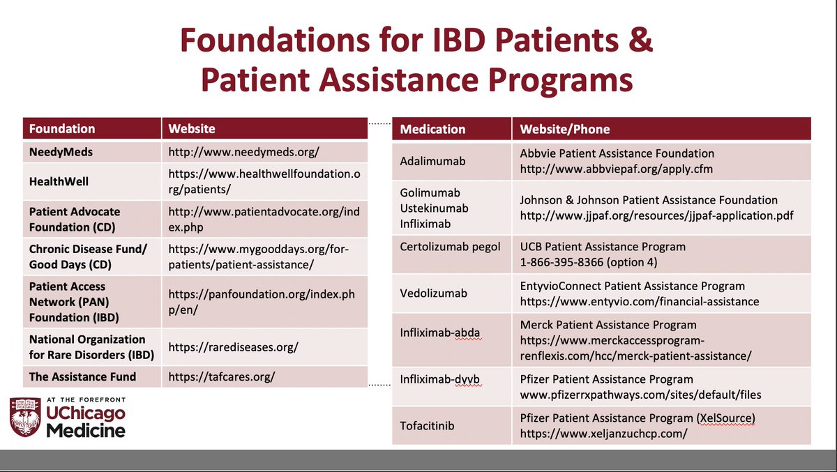 Great discussion in the #IBDAtoZ session today! Here are the resources for your patients who need help getting their therapies. 
Also, come to my presentation about getting your patient on therapy at 4:30 PM today room 7, level 3.
#IBDAtoZ #CCCongress20 @ShivaniPharmD