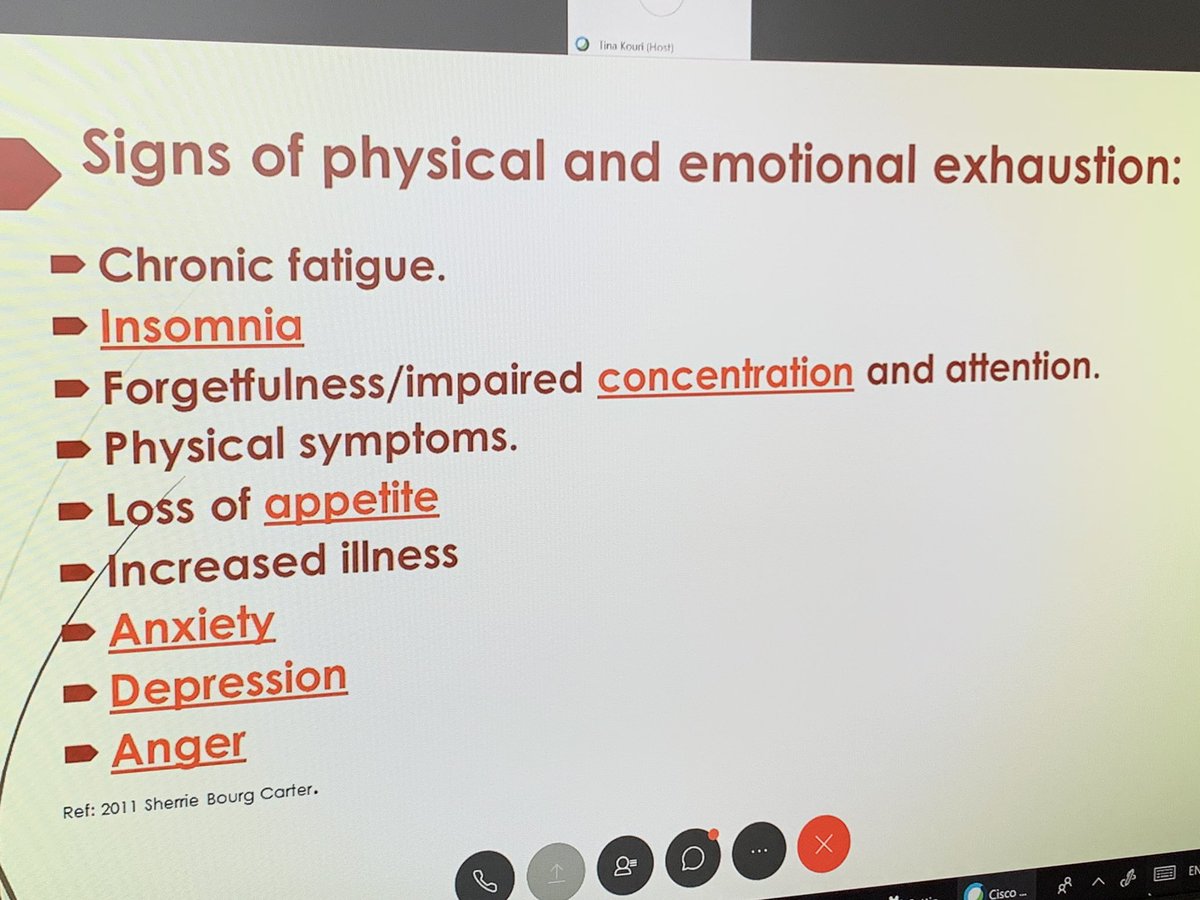 JudyChowSSC's tweet photo. Listening to SSC - Burnout prevention webinar.  Learning about physical and emotional exhaustion of burnout.  Watch for these. Take care of yourself https://t.co/ug2Ms5hoyO