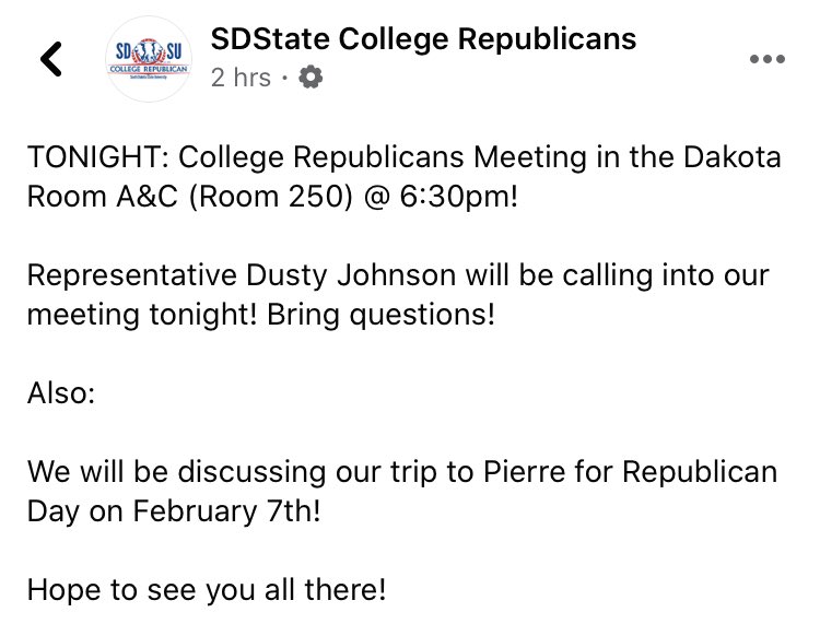 SoDakCRs's tweet photo. Meeting tonight for @SDSU_Republican. @DustyJohnson will be joining in by call to answer your questions! #WeAreSDCR https://t.co/jkizb061Vr