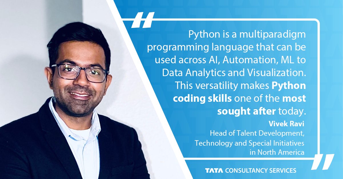 tcs_na's tweet photo. Google recently announced scholarships to train workers in Python for tech jobs. @vivstrong007, our Head of Talent Development, Technology & Special Initiatives in NA, explains why Python has been added to our #ILP for campus hires. #ExperienceTCS Join us: https://t.co/G97bkS8jiH https://t.co/qN22IRbQxC