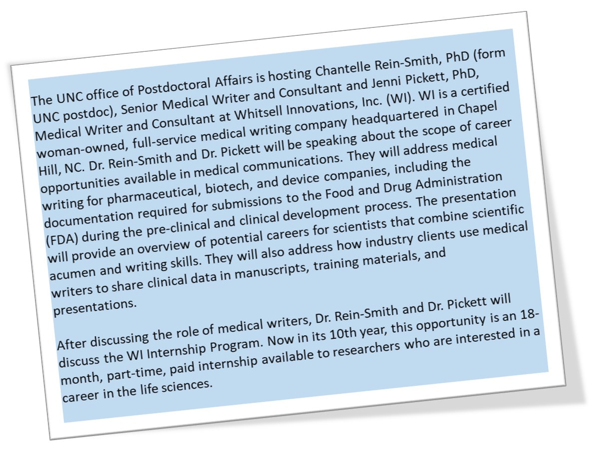 UNCPostdoc's tweet photo. Whitsell Innovations Medical #uncpostdocs Check out the Writing Internship Session: "The Scope of Medical Communications"
WHEN: Fri 2/7/2020 | 10:00-11:30 AM
WHERE: Marsico Hall, room 5004
REGISTRATION REQUIRED: https://t.co/uWwYQYPBtH
pic has more detail https://t.co/0V6dKen33d