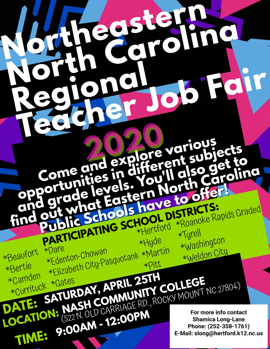 HCPS01's tweet photo. Are you ready to teach in northeastern NC? Join us on April 25, 2020 @NashCC from 9-12. Candidates eligible for NC Licensure, recent grads & applicants interested in alternative routes (Emergency or Residency Licenses, Permits) are welcome! call 252-358-1761 for info #teachNENC https://t.co/d0WzJZlWV3