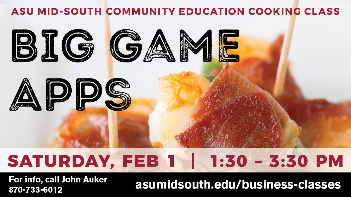 asumidsouth's tweet photo. Join us for Big Game Apps! Whether you plan to entertain for the Super Bowl, or just love appetizers, this cooking class is for YOU!
#cookingclass #superbowlapps #superbowl #westmemphis #asumidsout #education #appetizers #nomnom #bestapps #apprecipes https://t.co/asJkndoTRd