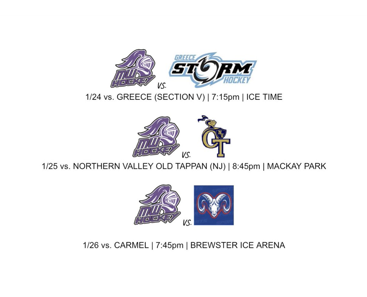 MWhockey's tweet photo. Big weekend ahead for the Crusaders!

1/24 Home vs. Greece (Section V)
1/25 Away vs. NVOT (NJ) Mackay Park
1/26 Away vs. Carmel Brewster Ice Arena

#FridayNightIce #MWhockey #MWpuck https://t.co/UbgHQf1576