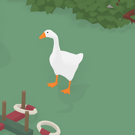 The Goose from Untitled Goose Game stands in a green field