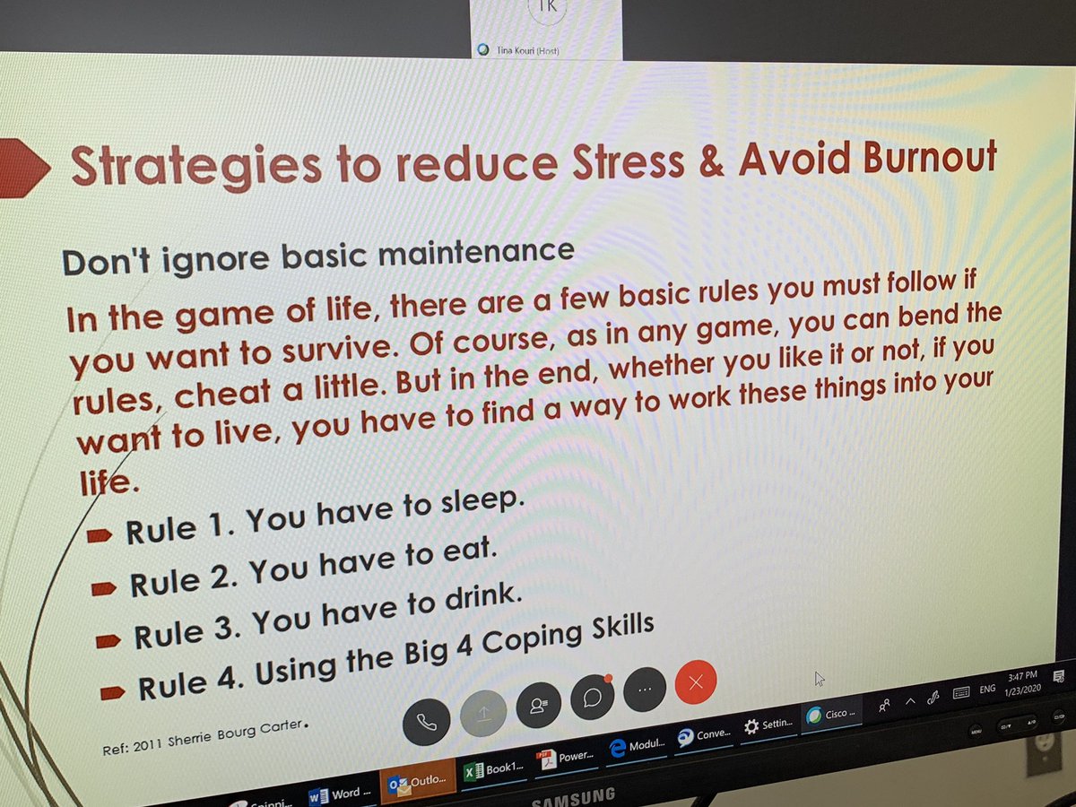 JudyChowSSC's tweet photo. Strategies to reduce stress &amp; avoid burnout: 1sleep  2eat 3drink H2O, use the big 4 coping skills. SSC burnout prevention webinar https://t.co/m1GjDWvGRy