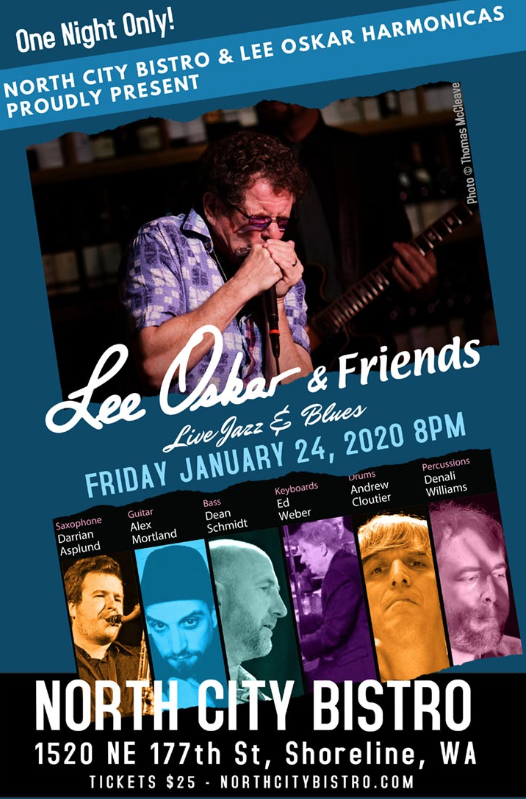 leeoskar's tweet photo. Lee Oskar & Friends are preforming TOMORROW (1/24) at North City Bistro in Shoreline, WA! Limited tickets are still available via phone. Call (206) 365-4447 for tickets and reservations. Can't wait to see you there 🎶 #liveforlivemusic #seattlelive #leeoskarharmonicas https://t.co/YDfyuqBYtQ