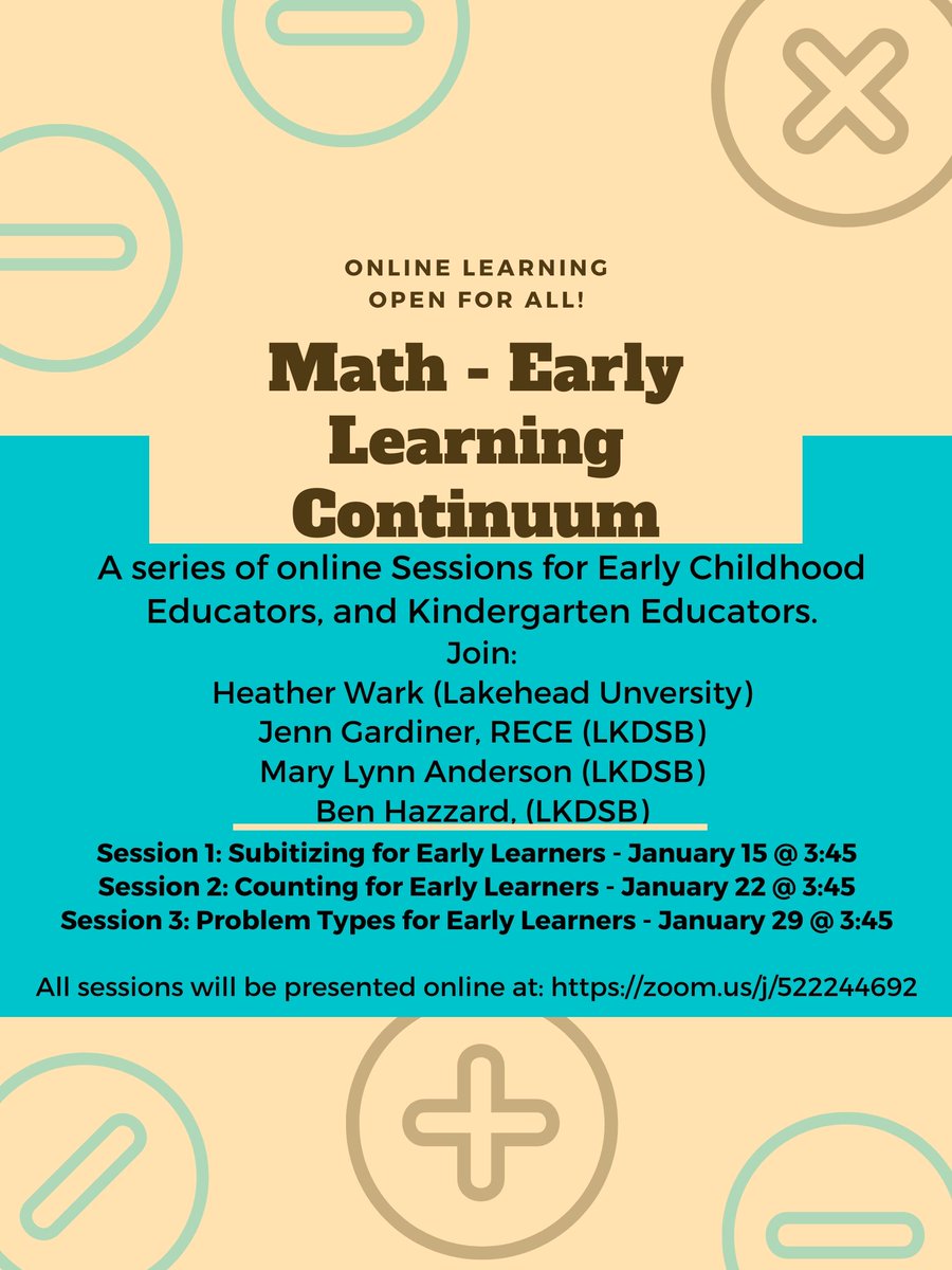 💻🤯🔢Intentionally Infusing Math Thinking into Play! 
Wednesday, Jan 29 @ 3:45
Join us online: zoom.us/j/522244692
EVERYONE IS WELCOME!
Join:
Heather Wark, Lakehead U
Jenn Gardiner RECE, LKDSB
Mary Lynn Anderson, LKDSB
Sign up: tinyurl.com/ECEmath2020