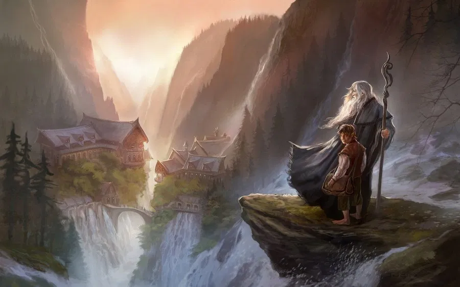 Al cabo pues de una semana, Bilbo le dijo adiós a Elrond, y dándole unos pequeños regalos que el elfo no podía dejar de aceptar , se alejó cabalgando con Gandalf.
 Dejaban el valle, cuando el cielos se oscureció al oeste y sopló el viento y empezó a llover.