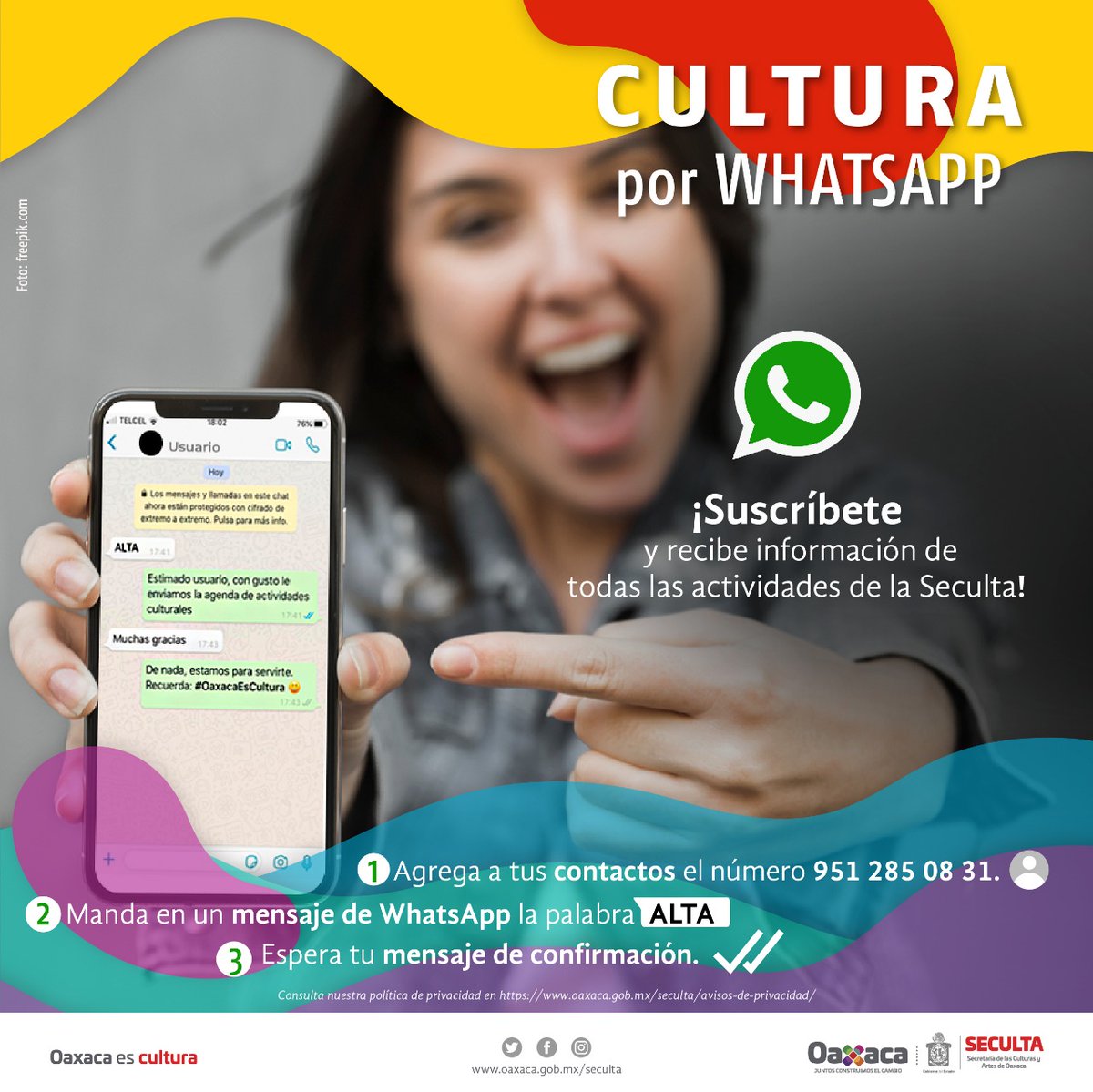 SECULTA_GobOax's tweet photo. Suscríbete y recibe vía whatsapp información de eventos culturales que la Seculta ha preparado para ti y tu familia.
Envíanos un mensaje con la palabra #Alta y listo comenzarás a recibir un mensaje de confirmación e información de eventos culturales a realizarse próximamente. https://t.co/CFQEsX6yYC