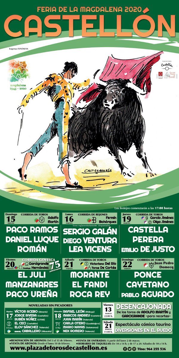 Feria de la Magdalena de Castellón 2020 <a href="/toroscastellon/">Toros Castellón</a>. 15 a 22 de marzo.