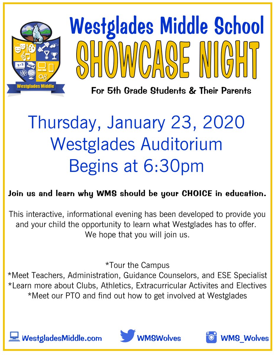 WMSWolves's tweet image. Can't wait to see @HeronHeightsEl @ParkTrailsES and @RivergladesElem 5th Grade families tonight! #FutureWolves #WeAreWestglades