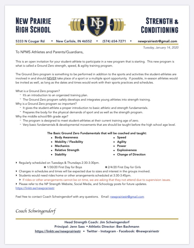 Reminder:
8th grade Ground Zero program starts next week with the first day for the boys being on Thursday (1/30) and the girls are the following week starting on Tuesday (2/4)
All students planning on attending need to sign-up in the MS office #GoldStandard <a href="/NPCougarNation/">New Prairie Middle School</a>