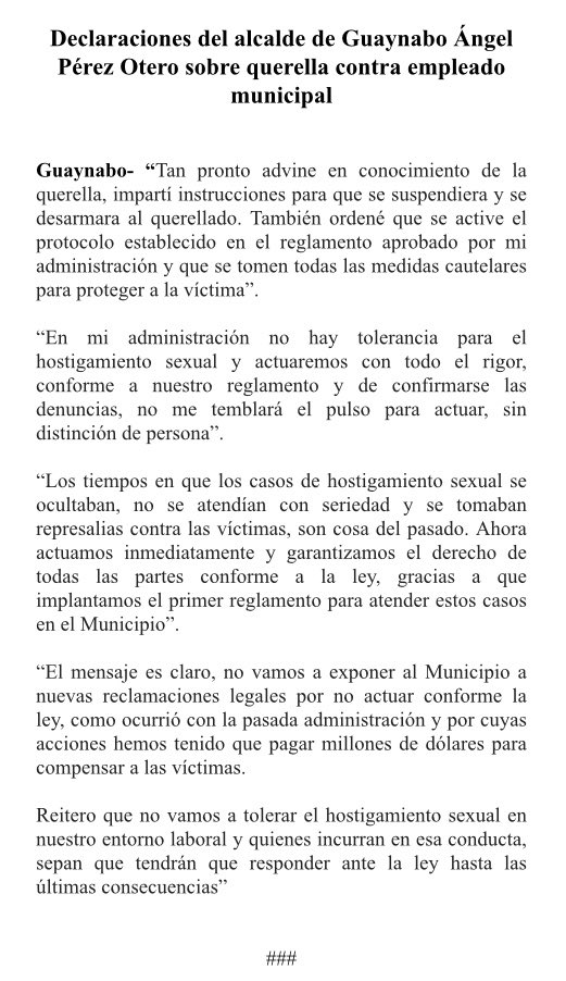 #HostigamientoSexual En el Mun de Guaynabo se reportó otro caso de hostigamiento sexual. El Municipio ha confirmado que el caso se está atendiendo según dicta el protocolo para estos asuntos. Estas son las declaraciones del Alcalde sobre ese particular. 👇🏽👇🏽👇🏽