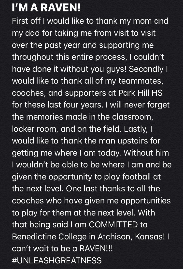 COMMITTED. Can’t wait for my next 4 years as a RAVEN! #unleashgreatness @kalebkoch30 <a href="/PHTrojansFB/">Park Hill Trojans Football</a>