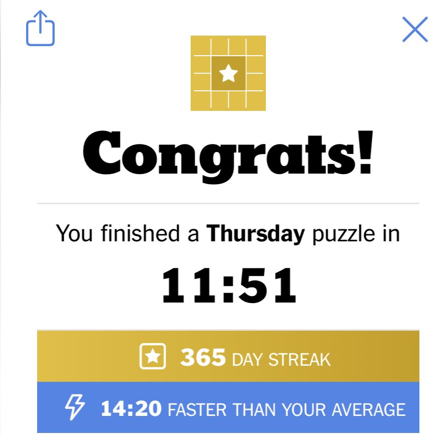 pklapperich's tweet image. NYT crossword puzzle streak. I made it a year!