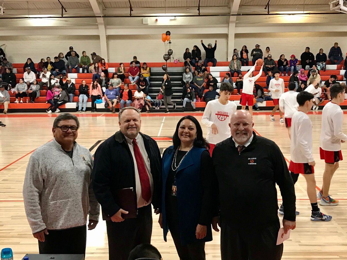 SFB Liaison Debora Norris with staff of <a href="/SchoolGlobe/">Globe Unified School District #1</a> at the official re-opening of the high school gym last Friday. <a href="/SFBvoice/">AZ SFB</a> funded repairs/relocation of a leaky HVAC system that damaged the floor and closed the gym for a year. Varsity basketball has a home court again!