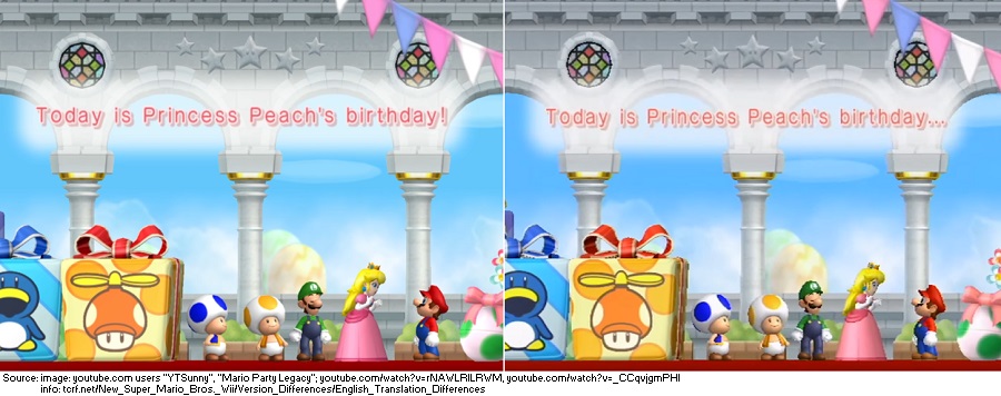 Laag Geurloos Achteruit Supper Mario Broth on Twitter: "The intro to the North American version of New Super Mario Bros. Wii starts with the message "Today is Princess Peach's birthday!" (left). For an unknown reason, Laag Geurloos Achteruit Supper Mario Broth on Twitter: "The intro to the North American version of New Super Mario Bros. Wii starts with the message "Today is Princess Peach's birthday!" (left). For an unknown reason,