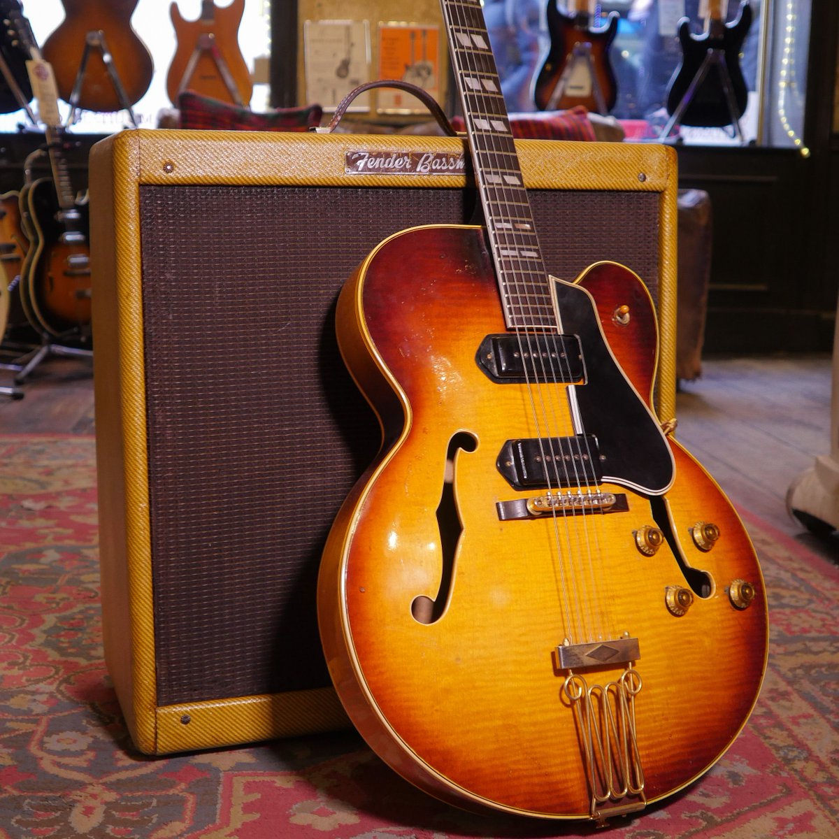 We've been enjoying this exclusively 1956 rig today, in almost time capsule condition. It doesn't get much better than a vintage Gibson guitar and a vintage Fender amp, so we paired our awesome '56 Fender Bassman that arrived yesterday with this killer 1956 Gibson ES-350T