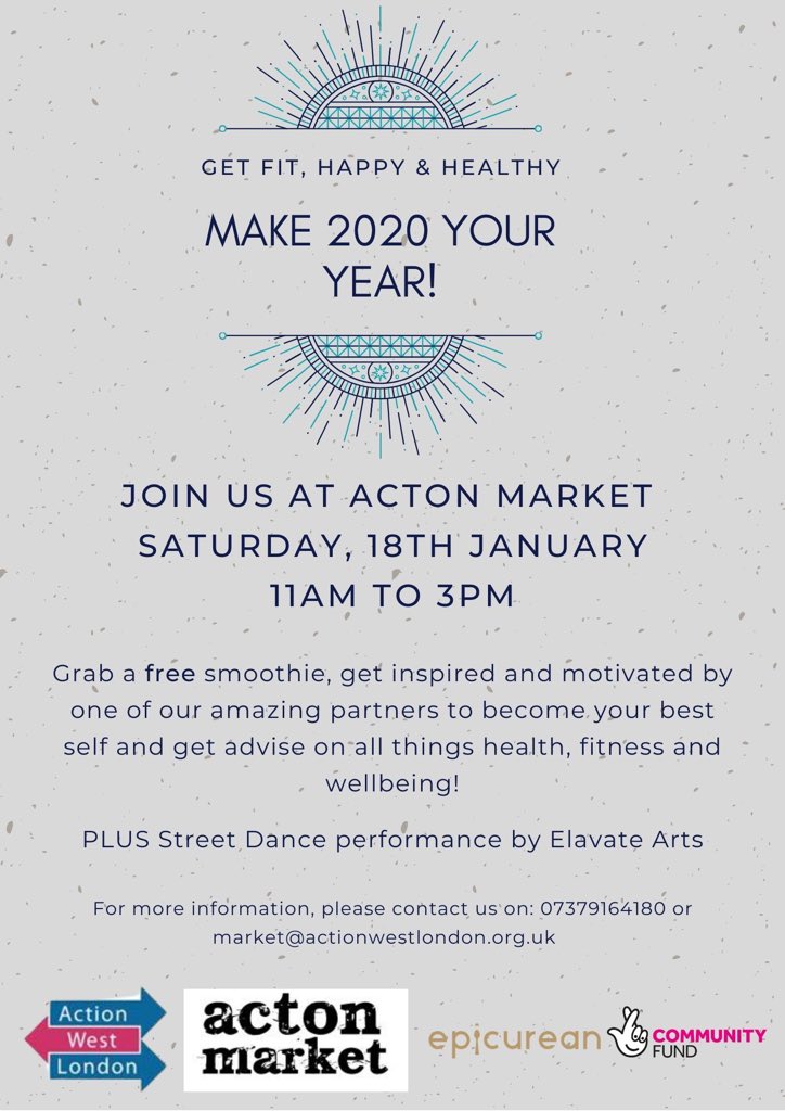 This Saturday 18th Jan, see's the first of our monthly community  events at Acton Market, in partnership with <a href="/EpicureanEvent/">Epicurean Events</a> Join us 11am-3pm for a day of health, fitness and wellbeing.