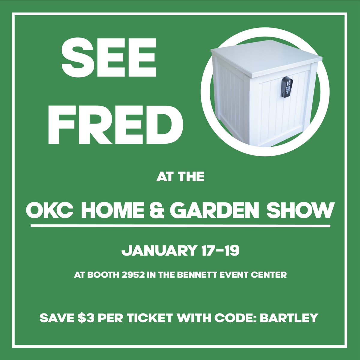 FRED_LLC's tweet photo. Tired of porch pirates?  Want secure deliveries for the rest of your life?

Check out FRED at the @OKCHomeShow January 17-19 at the OK State Fairgrounds.

Save $3 per ticket with code: Bartley
 at https://t.co/ENwpwHXXDU

Find out more at https://t.co/UDwAEvha3j

#porchpirates https://t.co/j8HB3fi3bd