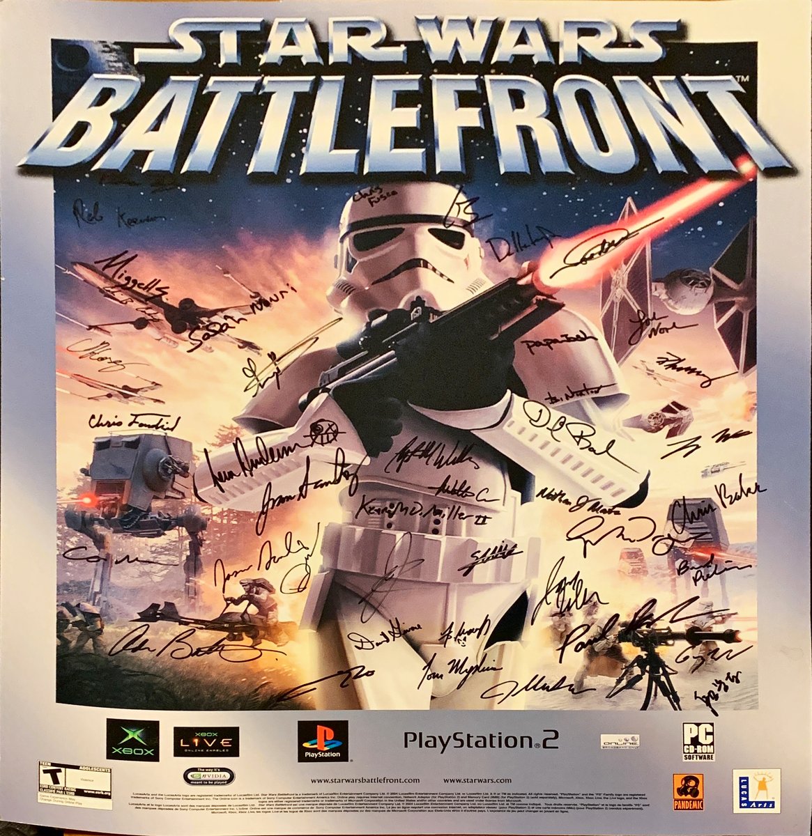 gribbly's tweet image. #GameDevsForFireys Auctioning Star Wars: Battlefront poster *signed by Pandemic dev team* to support firefighters in Aus. Post bid in replies, closes on Jan 22nd, I’ll DM winner. Donate here: gamedevsforfireys.com/donate and send me proof, I&apos;ll send the poster! Please RT