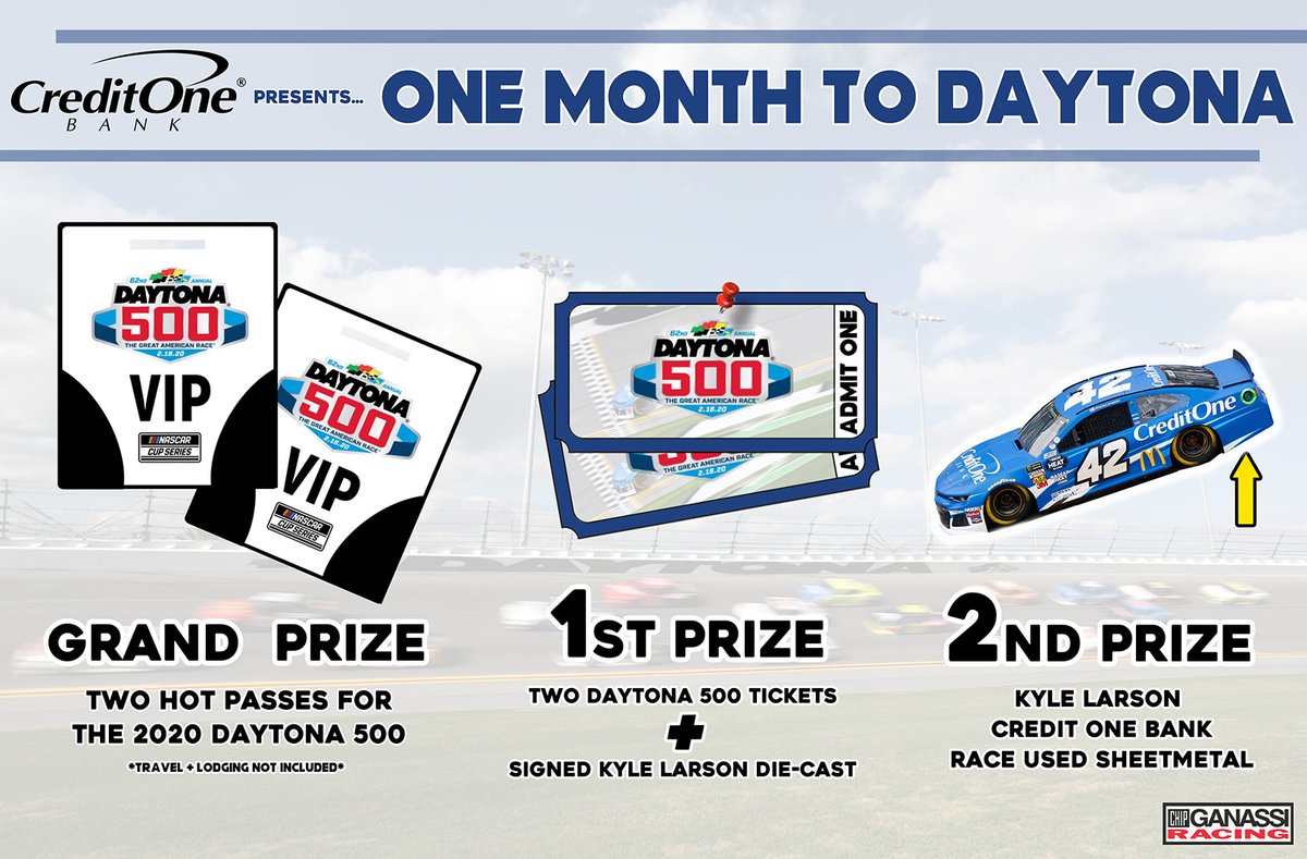 We're one month away from the #DAYTONA500 and I've got a pretty cool giveaway thanks to <a href="/CreditOneBank/">Credit One Bank</a>! I'll be choosing THREE winners on Thursday, Jan. 23rd.
 
To enter, all you have to do is:
1. RETWEET
2. Tag a friend