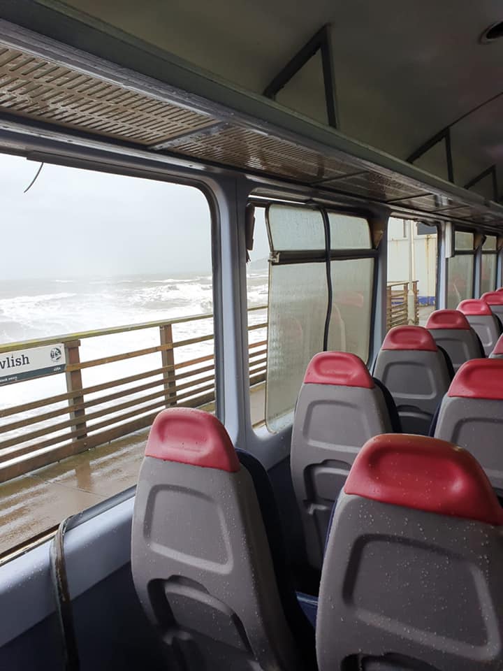 Huge wave smashes train window through Dawlish today. Here's the inside view. #dawlish #stormbrenden #dawlishstorms