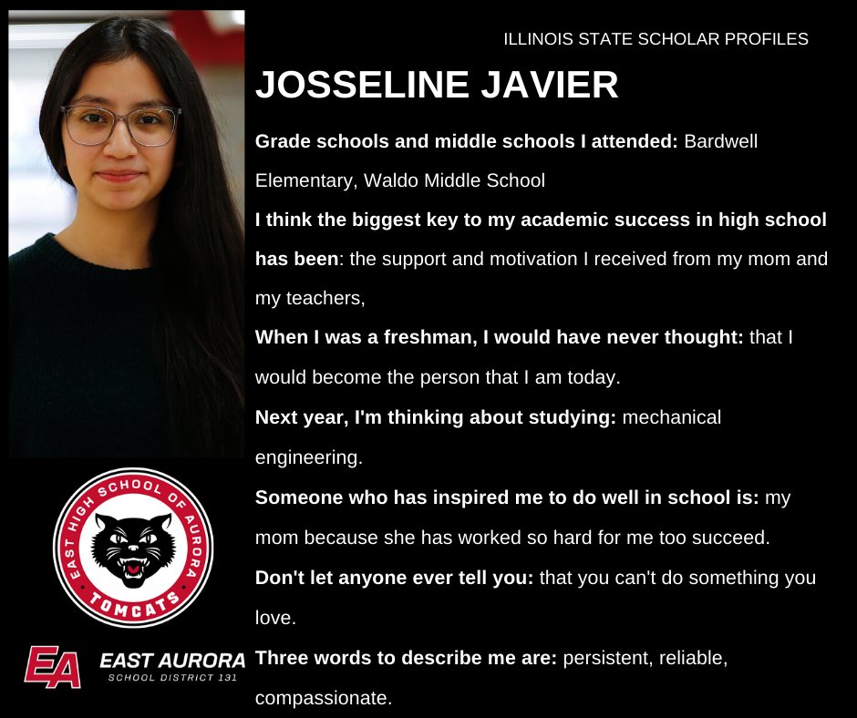 EASD131's tweet photo. STATE SCHOLAR PROFILES: Meet Josseline Javier, one of 30 Tomcats named an Illinois State Scholar from the class of 2020. Congratulations to all our State Scholars! 
#risEAbove #reachyourfullpotential #statescholar https://t.co/iwD2fL9Vl2