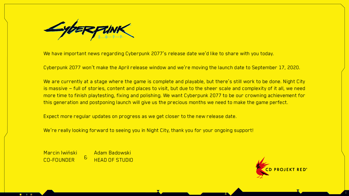 We have important news regarding Cyberpunk 2077’s release date we’d like to share with you today.