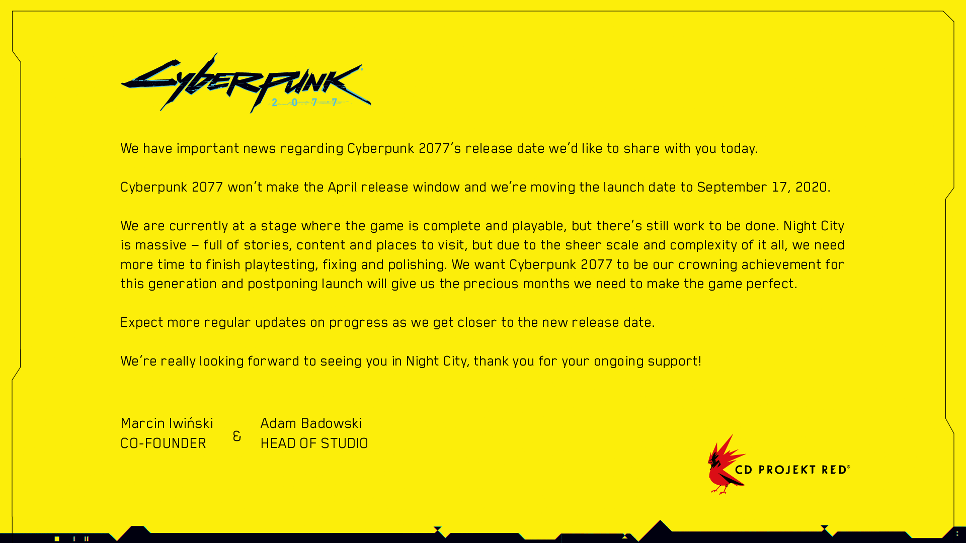 Undertrykke indsprøjte skadedyr CD PROJEKT RED on Twitter: "We have important news regarding Cyberpunk  2077's release date we'd like to share with you today.  https://t.co/aWdtR0grYV" / Twitter