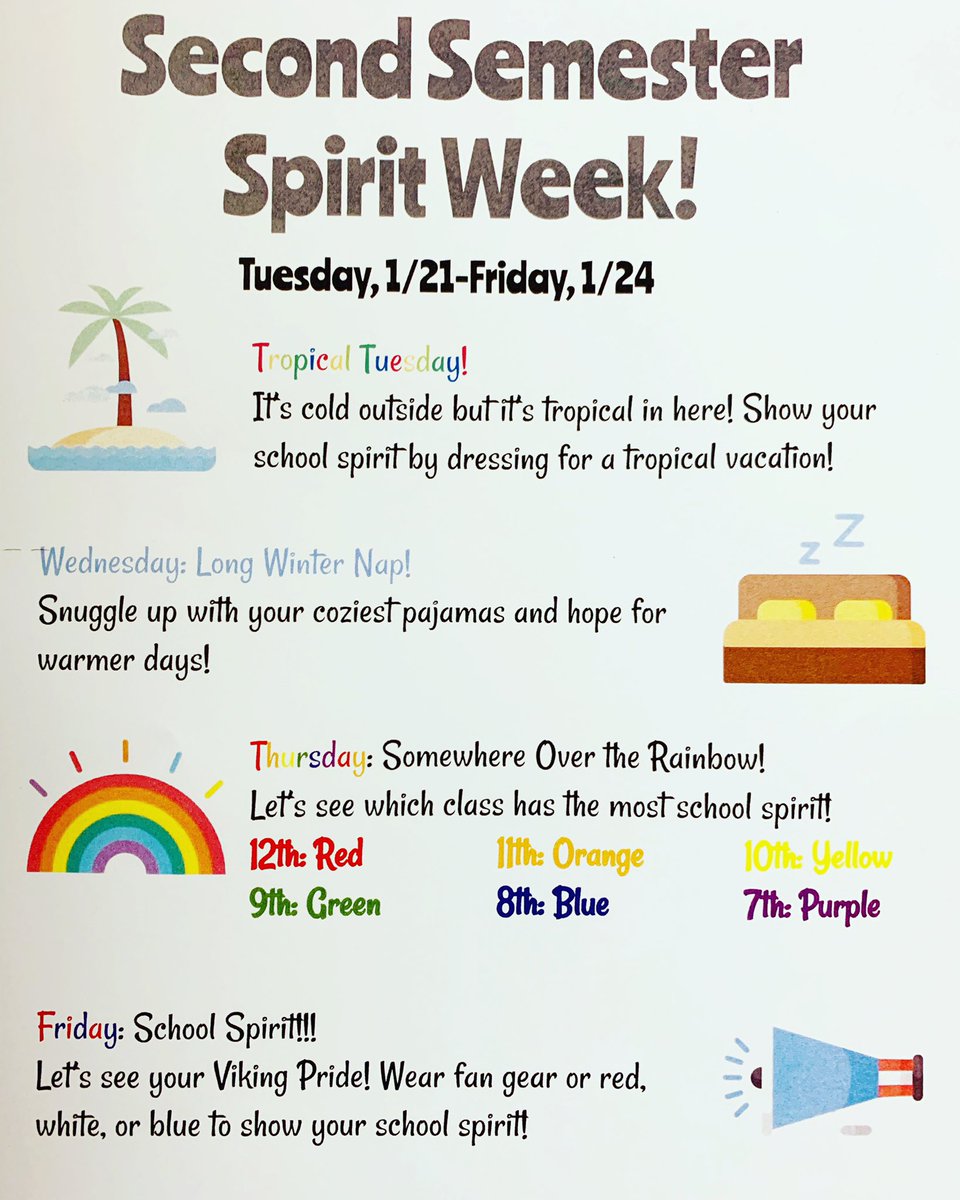 Attention all students! We will have another spirit week next week! All attire must meet school dress code!