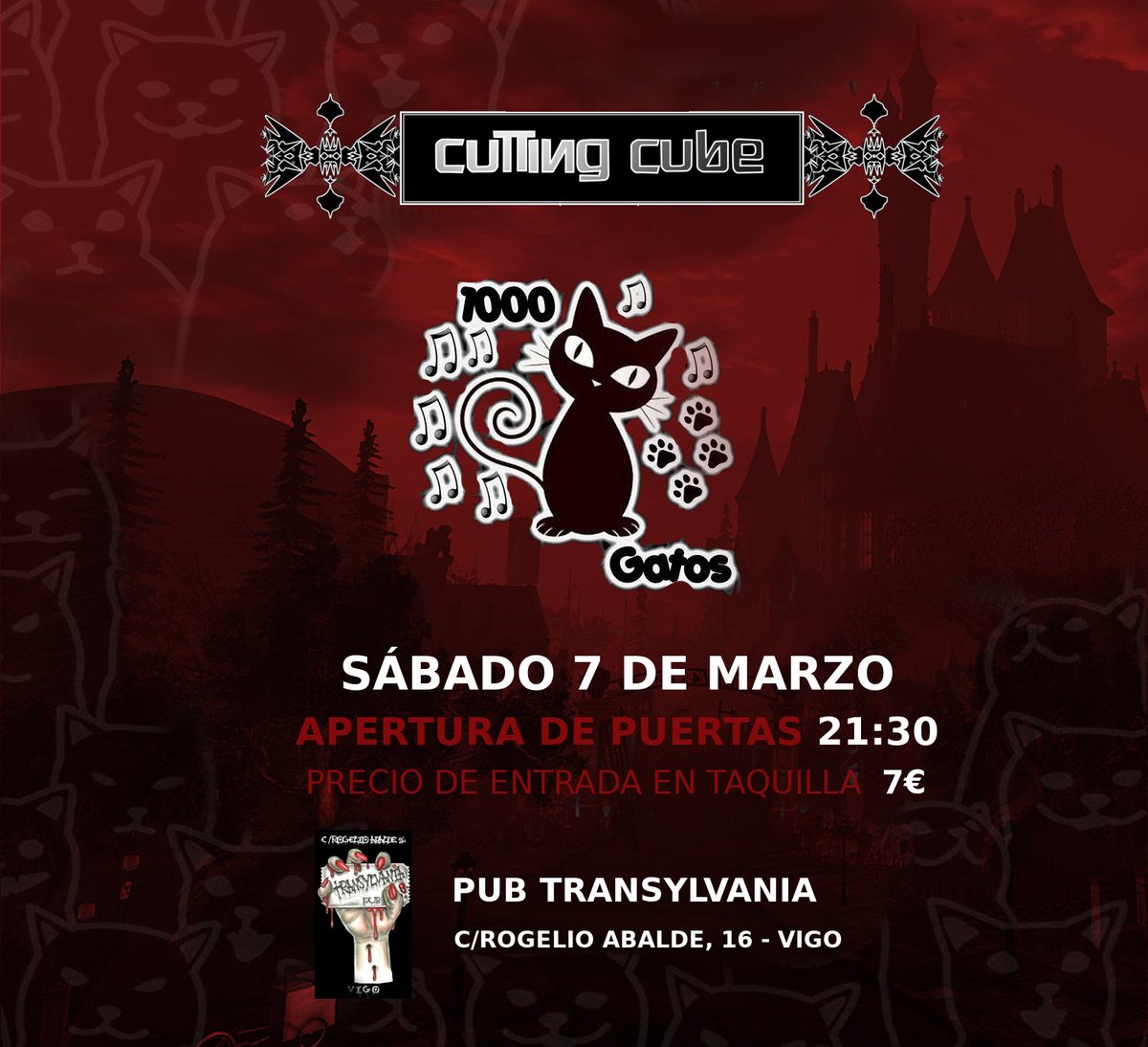 CuttingCubeRock's tweet photo. El Sábado 7 de Marzo estaremos aullándole a la Luna junto a 1000 Gatos, en Transylvania Metal Pub de Vigo. https://t.co/tFy8ybmGLv
