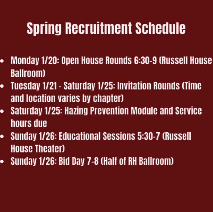 Here is our Spring Recruitment Schedule! Excited and hoping to have over 250 PNM’s joining our Greek community!