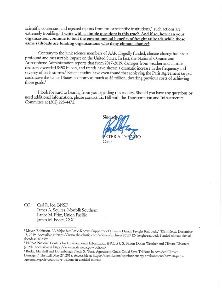 TransportDems's tweet photo. A recent article in @TheAtlantic calls into question @AAR_FreightRail’s environmental commitment, highlighting how some of this country’s largest railroads financed climate change denial groups and discredited scientists. @RepPeterDeFazio demanded answers today. https://t.co/patk0Uu9RN