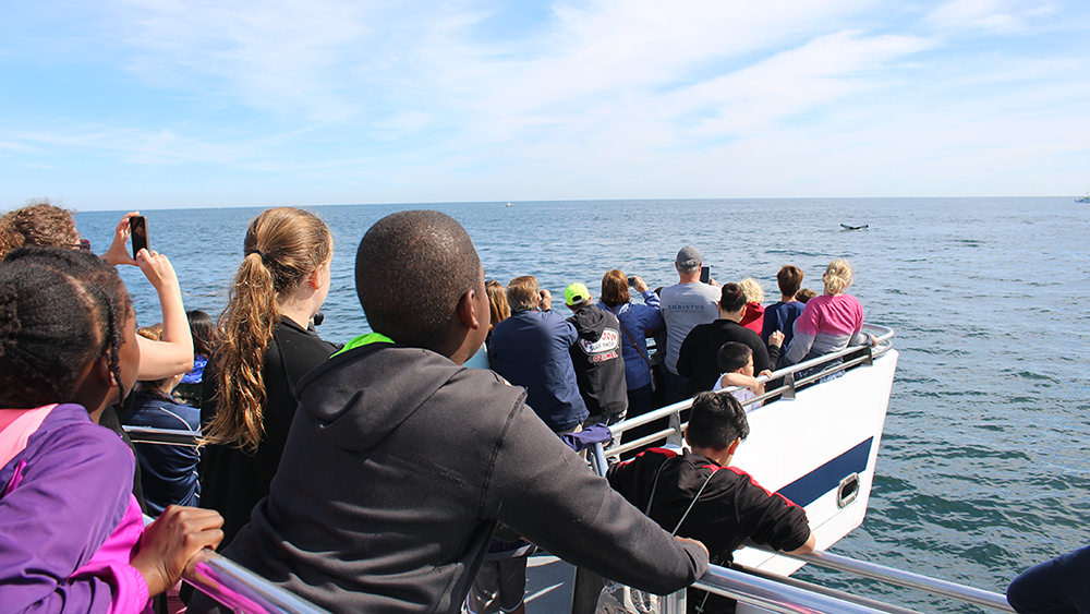 Many students on a whale watching boat looking at a whale in the distance