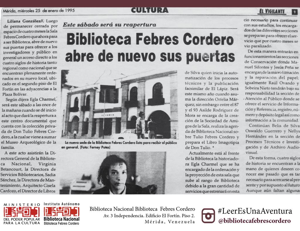 bibliotecafecor's tweet photo. #EnLaFoto | El 29 de enero de 1995  fue inaugurada la nueva sede de la Biblioteca Febres Cordero, ubicada en el edificio El Fortín, al frente de la Plaza Bolívar de la ciudad de Mérida, en un área de 900 metros cuadrados

#Merida_ve
@BiblioNacional https://t.co/bXT8lx90Ir