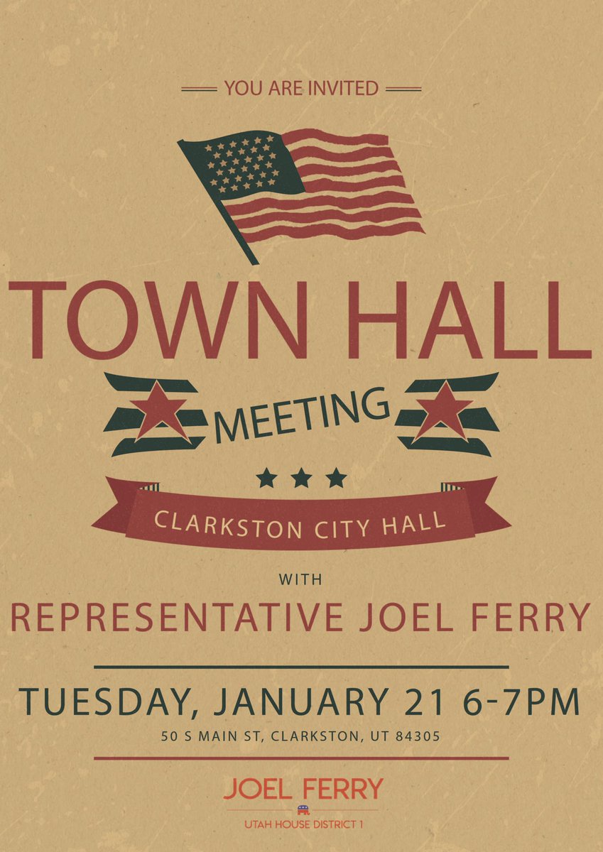 JoelMFerry's tweet photo. I will be holding 3 Town Hall meetings next week to discuss with you the upcoming legislative session. I look forward to meeting with you in Clarkston, Brigham City and Tremonton. https://t.co/0O2njKlKop