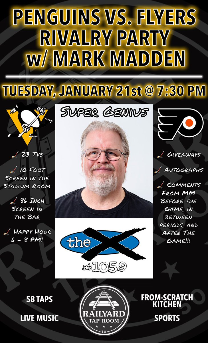 RailyardTap's tweet photo. @penguins Rivalry Party with @MarkMaddenX this Tuesday night! Get here early and get ready for a great night! $3 @LabattUSA Blue Light Drafts during the game! #GetRailed #58Taps #CraftBeer #FromScratchKitchen #LiveMusic #Sports #LetsGoPens #MarkMadden @1059thex https://t.co/pOOpIDkaJB