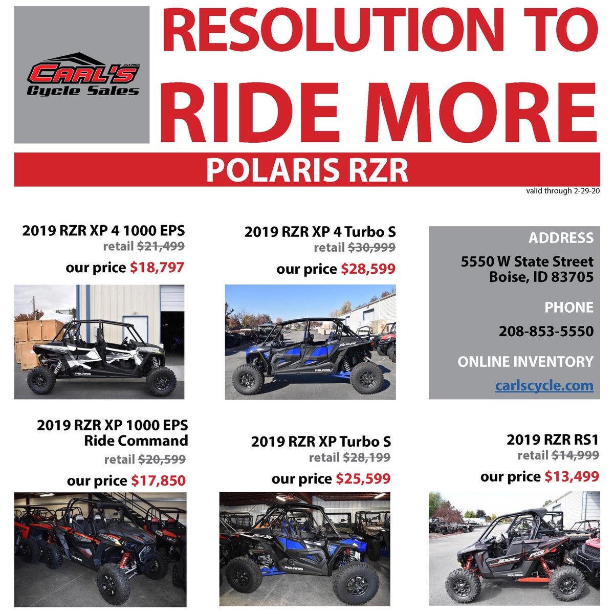 carlscycle's tweet photo. Our "Resolution to Ride More" sales event is going on through February 29! We'll make it easy for you to ride more this year...keep checking in for deals!
—
Prices do not include fees, call us for details 208-853-5550.
@PolarisORV @PolarisRZR https://t.co/ry06bXU5eh