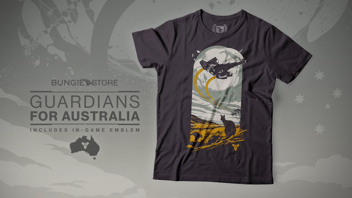 Bungie's tweet image. As Guardians, it's our duty to assist those in need. 

To support the Australia fire relief efforts, all proceeds of the new "Guardians for Australia" shirt and emblem will go towards @NSWRFS and @WIRES_NSW.

💙 bung.ie/3ag0ewm