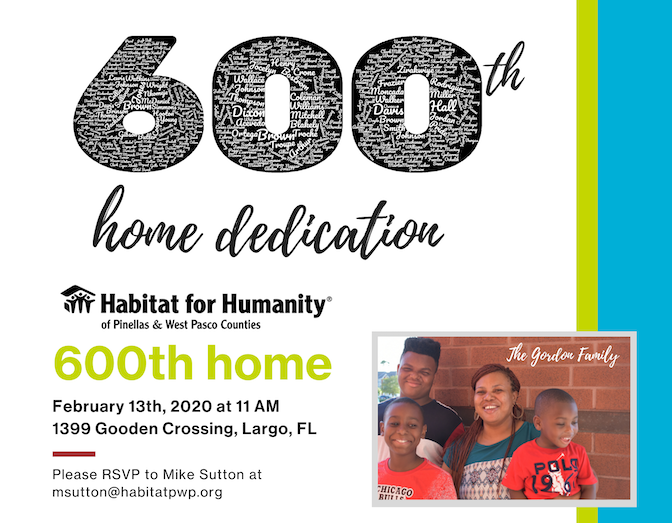 Habitat for Humanity of Pinellas and West Pasco Counties to celebrate 600th Home Dedication on February 13th tampabaynewswire.com/2020/01/16/hab…